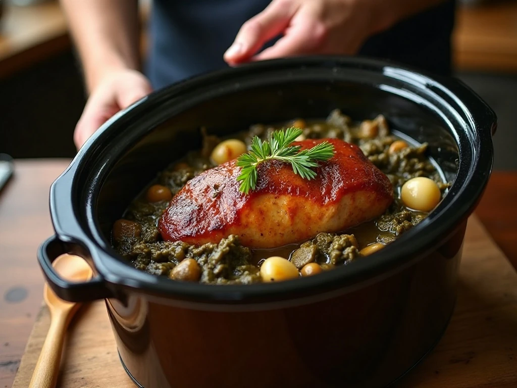 Slow cooker filled with collard greens and smoked turkey