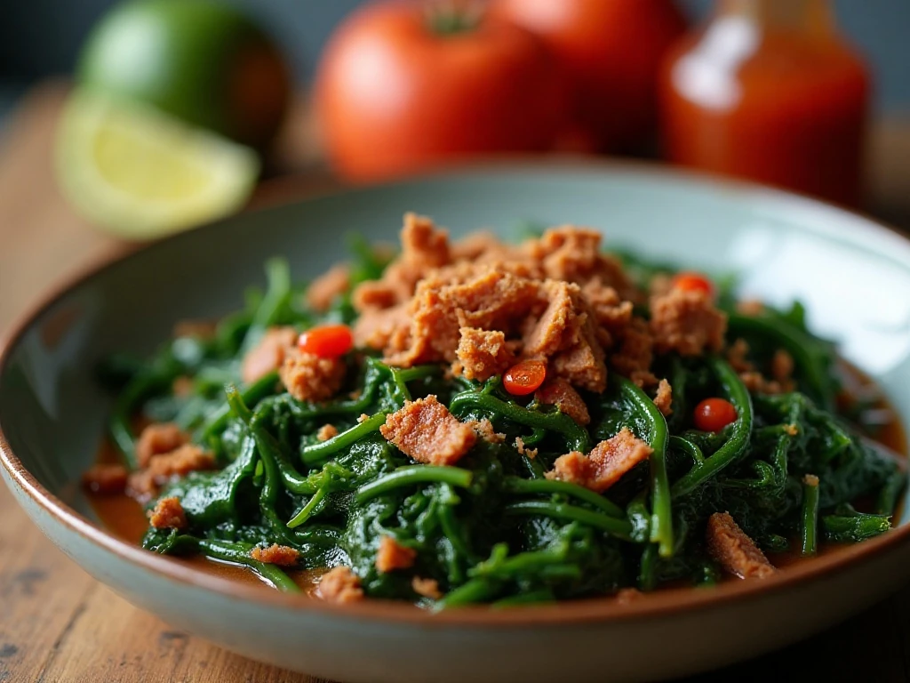 Close-up of collard greens served with potlikker and hot sauce