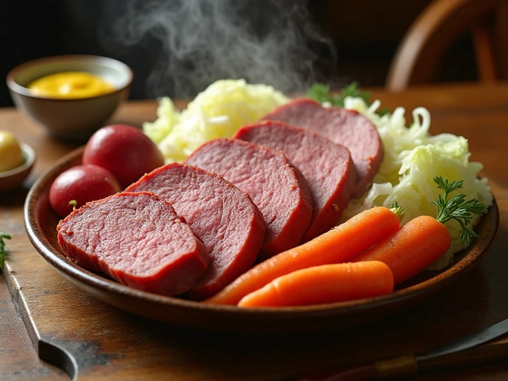 Tender slow cooker corned beef served with cabbage, potatoes, and carrots