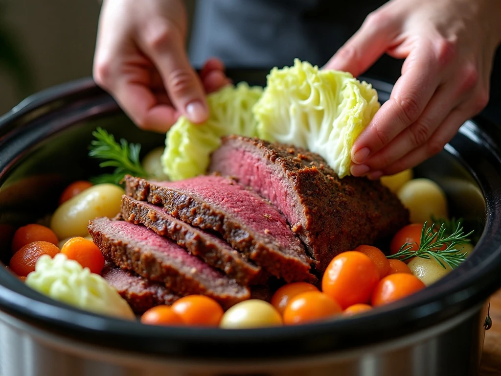 Adding cabbage wedges to the slow cooker with corned beef and vegetables