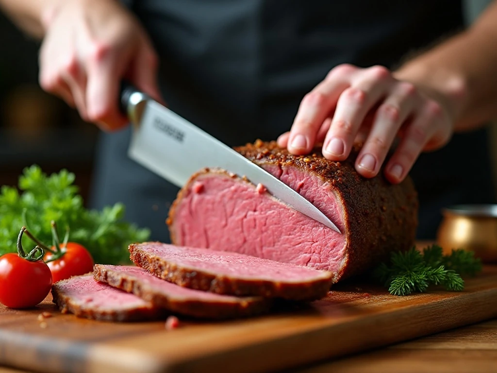 Slicing rested corned beef across the grain