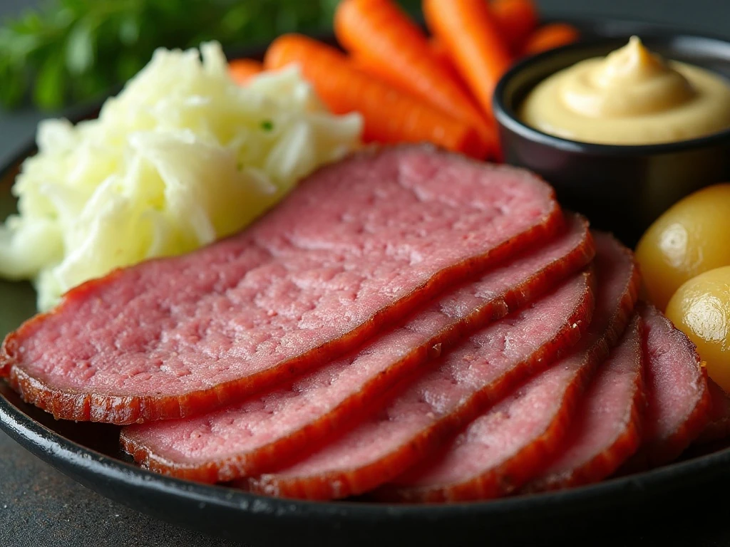 Corned beef and cabbage served with mustard and horseradish
