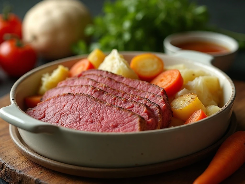 Leftover corned beef and vegetables ready for reheating