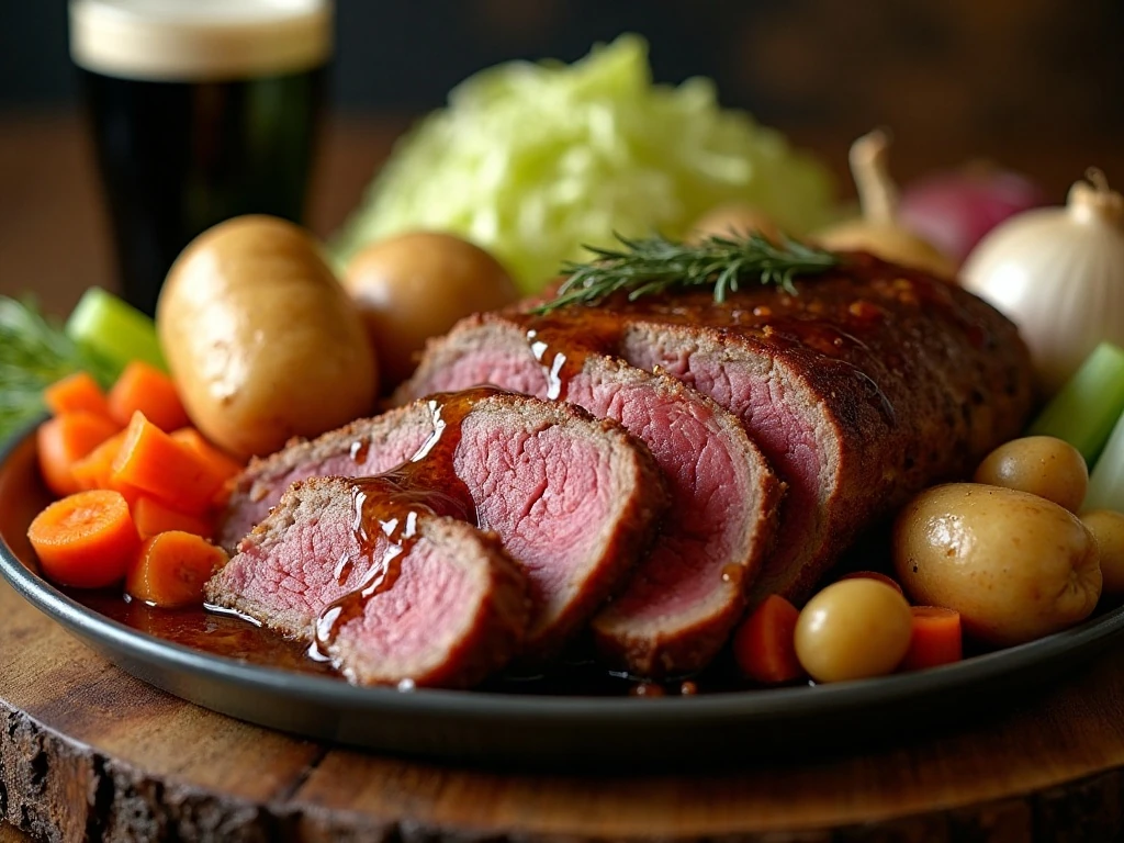 Tender slow cooker corned beef served with vegetables and Guinness reduction