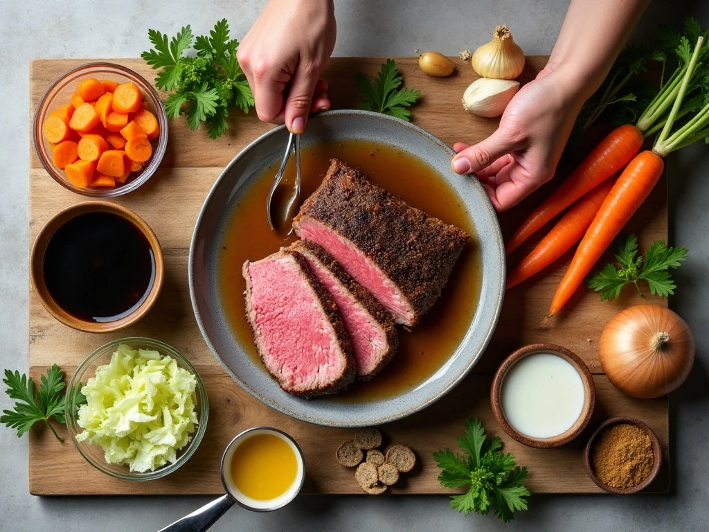 Ingredients for slow cooker corned beef with Guinness reduction