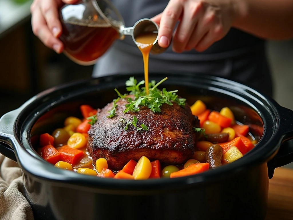 Corned beef and vegetables arranged in the slow cooker with Guinness