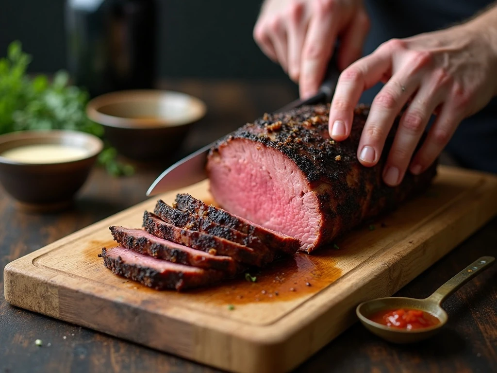Slicing rested corned beef across the grain