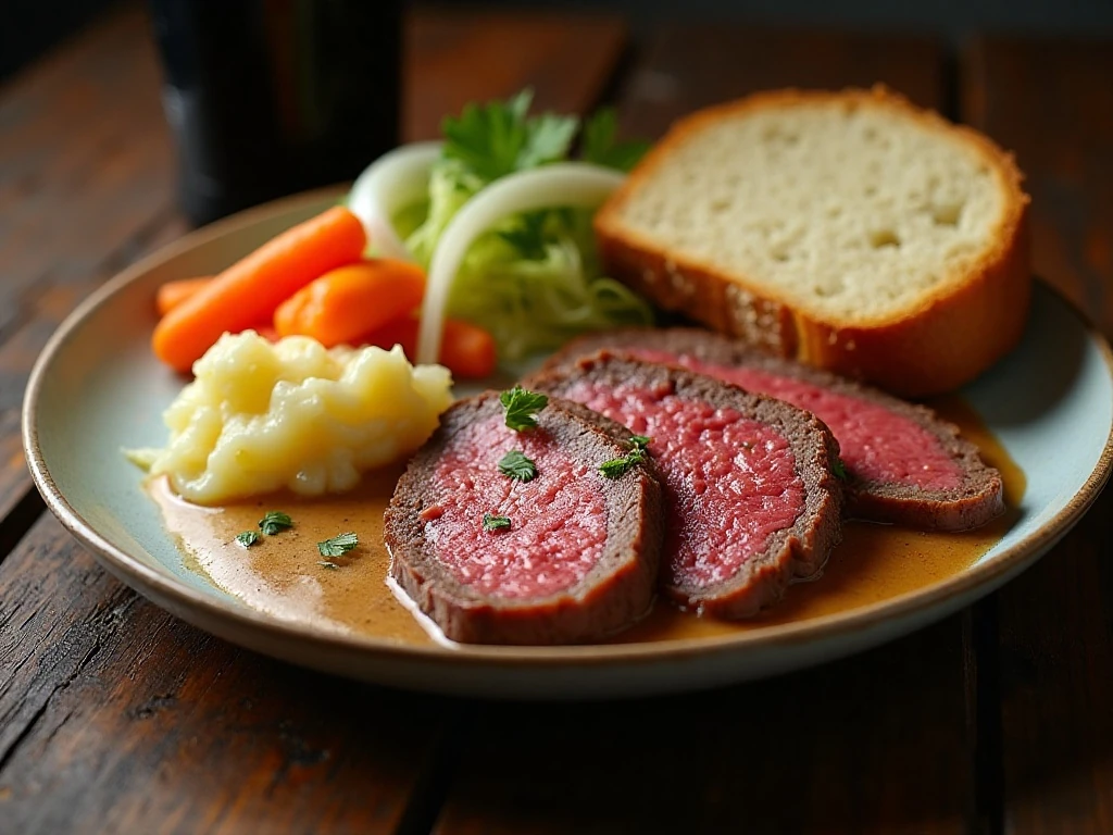 Plated corned beef dinner with Guinness sauce and vegetables