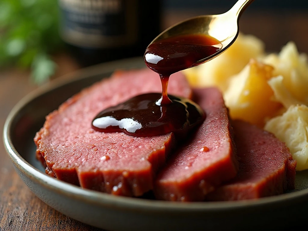Corned beef leftovers with Guinness reduction and vegetables