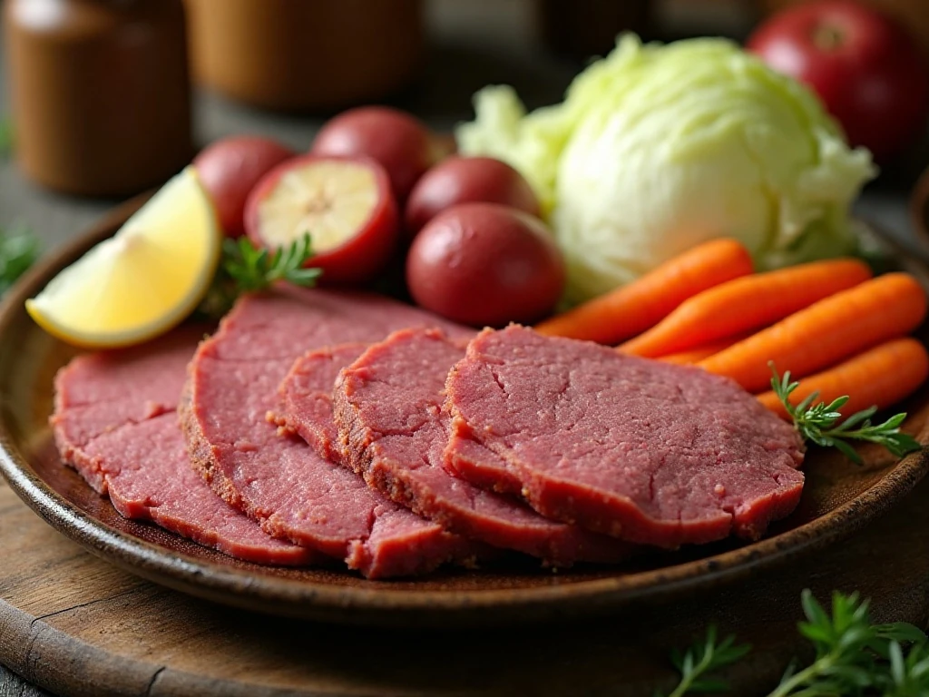 Sliced slow cooker corned beef served with potatoes carrots onion and cabbage