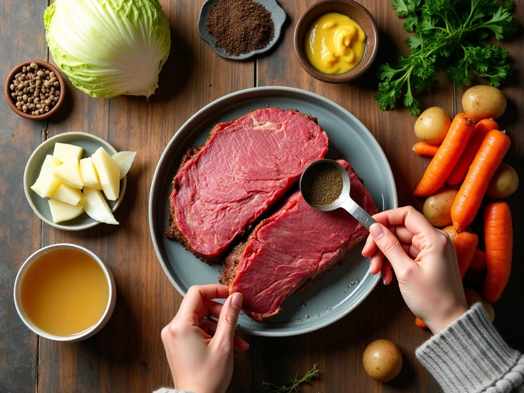 Ingredients for slow cooker corned beef and vegetables