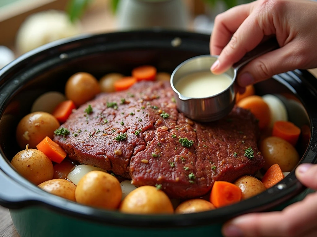 Corned beef brisket arranged over vegetables in a slow cooker