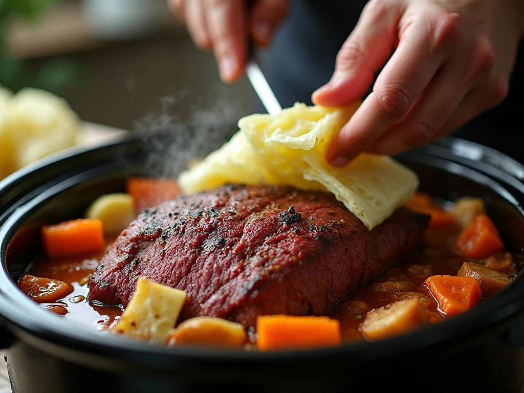 Cabbage wedges added near the end of slow cooker corned beef cooking