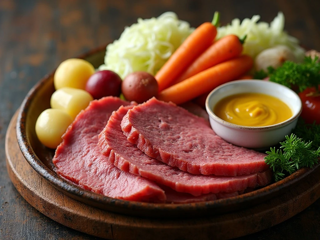 Plated corned beef with vegetables and mustard