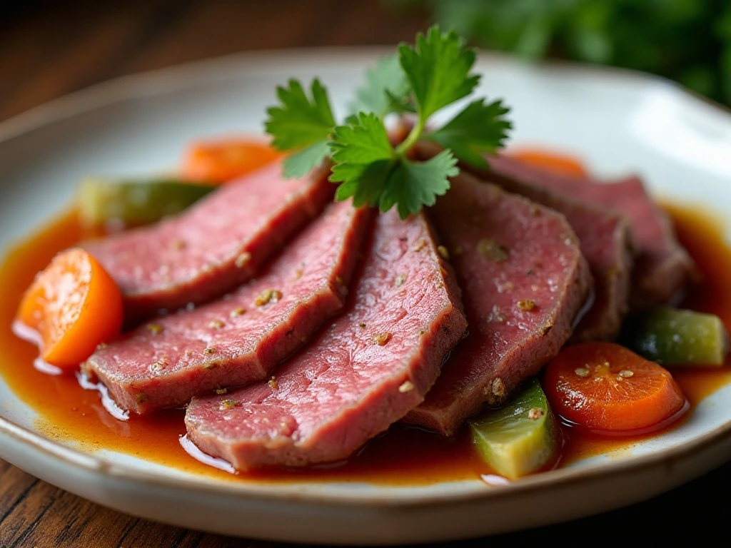 Close-up of leftover corned beef and vegetables with cooking juices