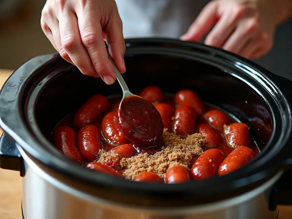Cranberry barbecue sauce and Little Smokies being combined in a slow cooker