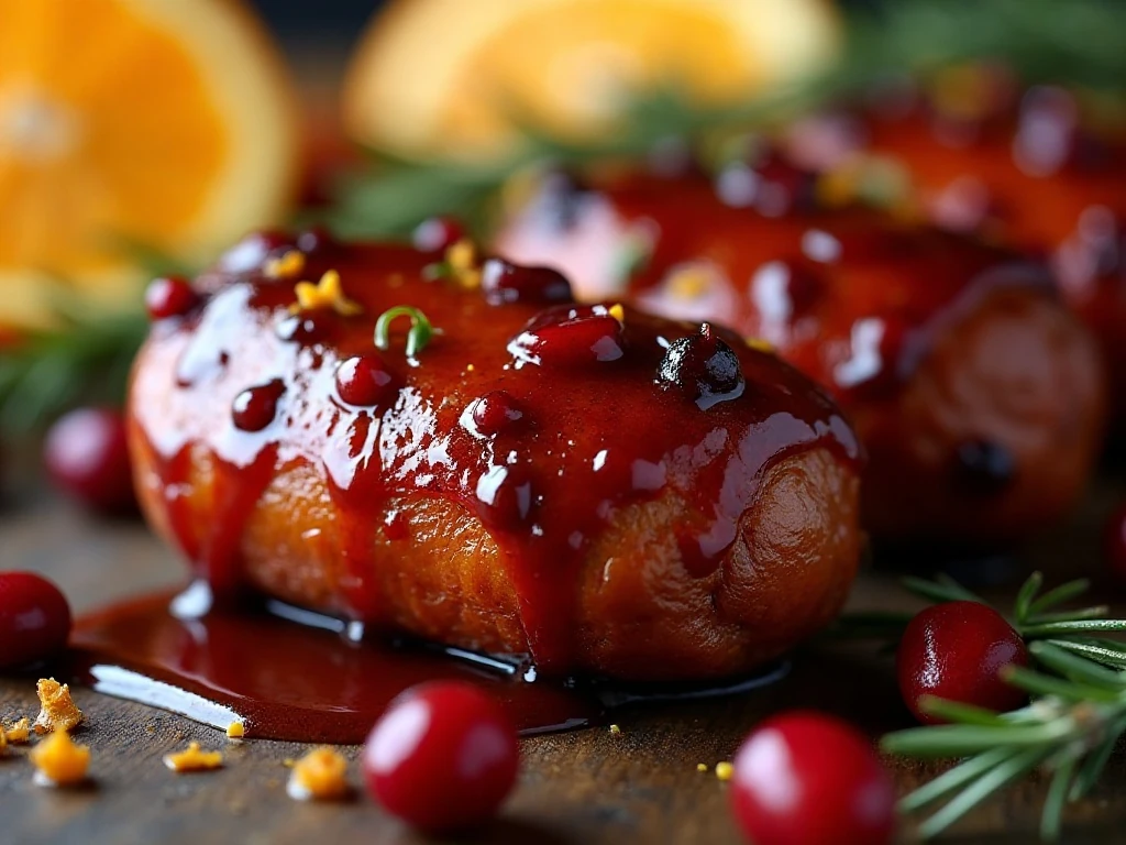 Close-up of glossy cranberry BBQ glaze on a cocktail sausage