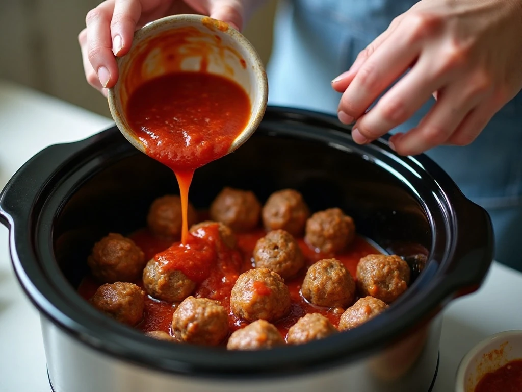 Cranberry sauce being poured over meatballs in a slow cooker