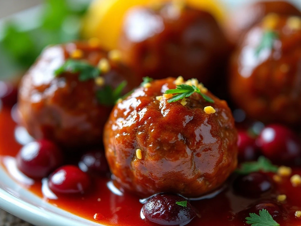 Close-up of cranberry meatballs with whole berries and fresh garnish