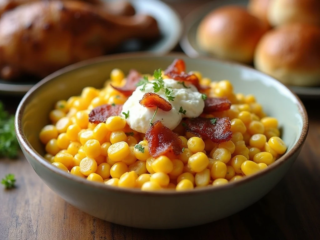 Creamy slow cooker corn with ricotta and bacon served as a comforting side dish