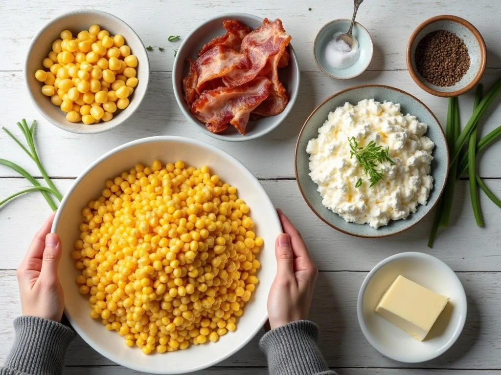 Ingredients for slow cooker creamed corn with ricotta and bacon
