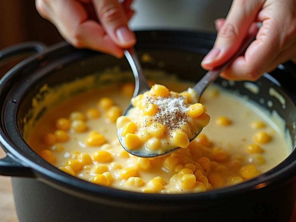 Corn and ricotta mixture being stirred in a slow cooker