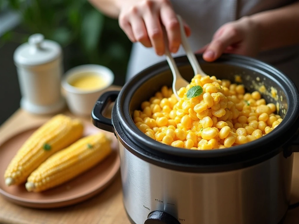 Drained corn and creamy slow cooker mixture for the best texture