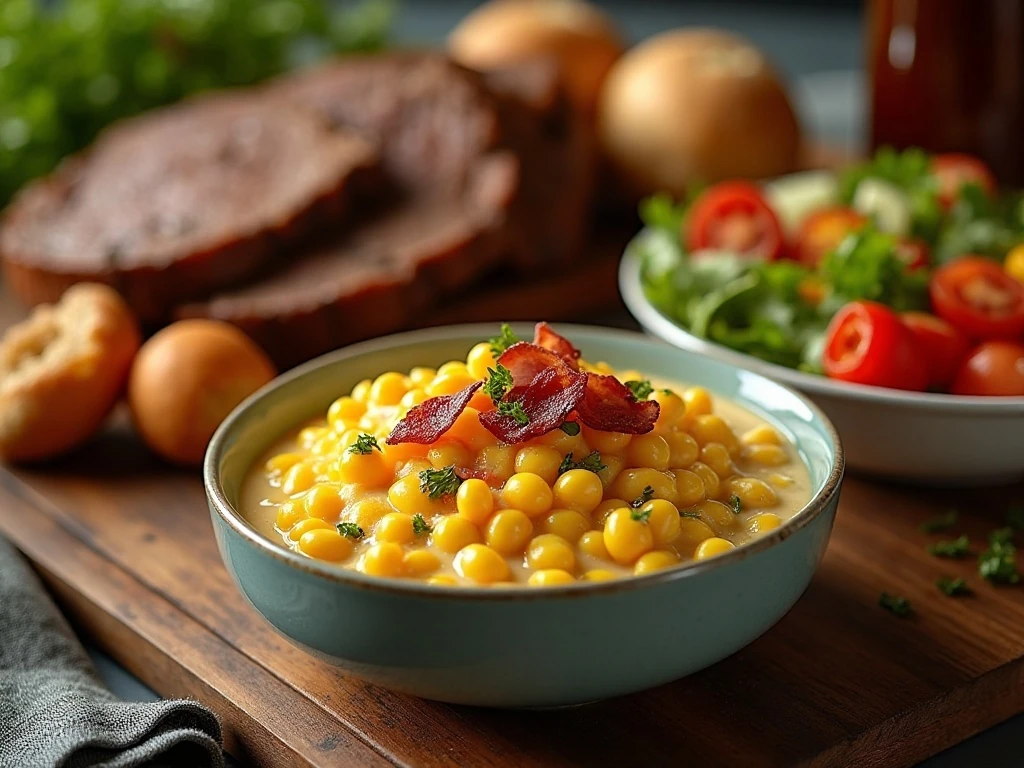 Slow cooker creamed corn served with a hearty family dinner