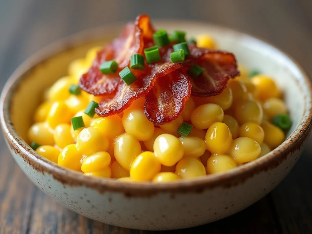 Reheated creamed corn topped with bacon and fresh chives