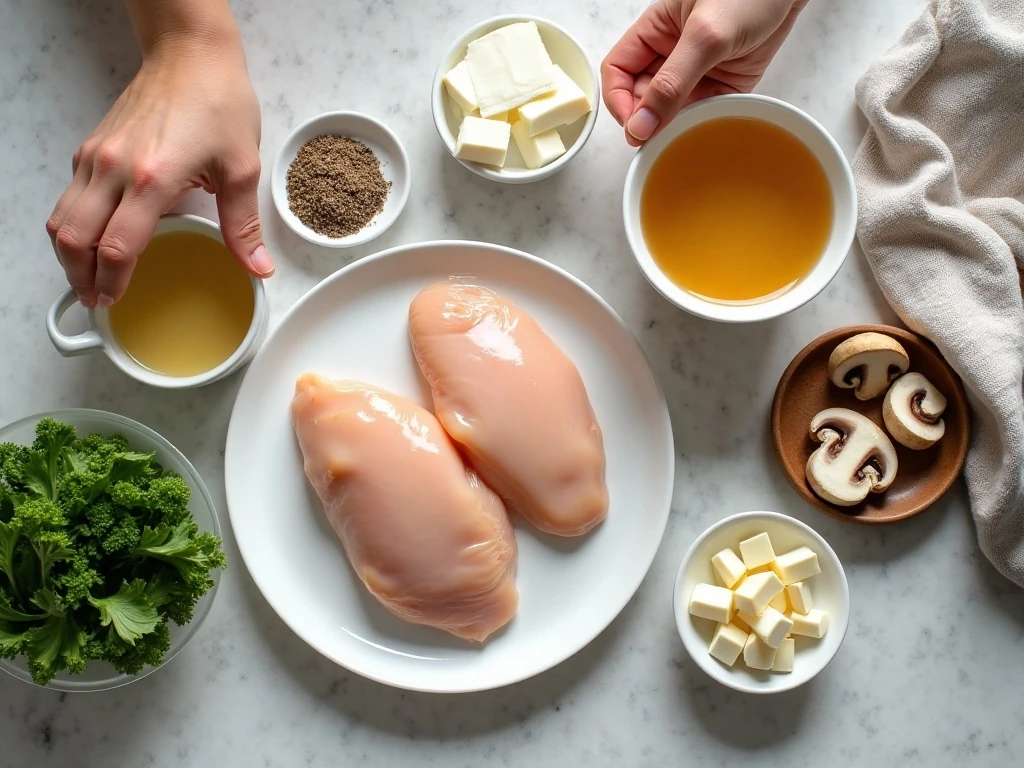 Ingredients for slow cooker creamy chicken arranged on a counter