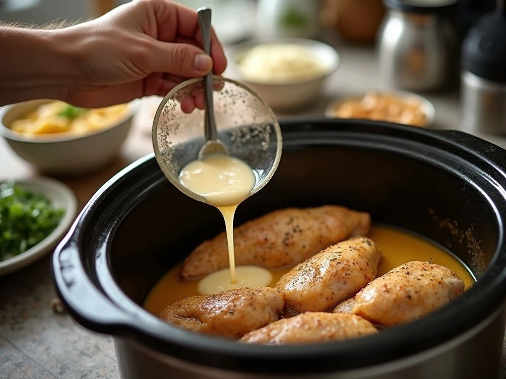 Whisking the creamy soup and broth mixture for Crockpot chicken