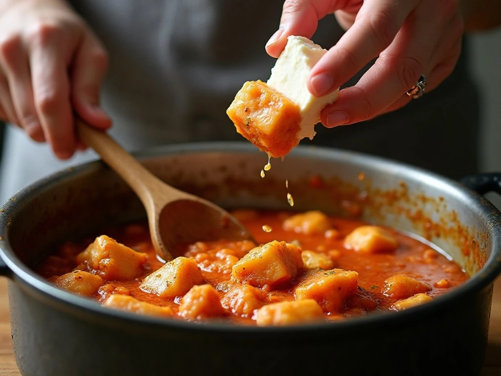 Stirring softened cream cheese into the hot slow cooker sauce