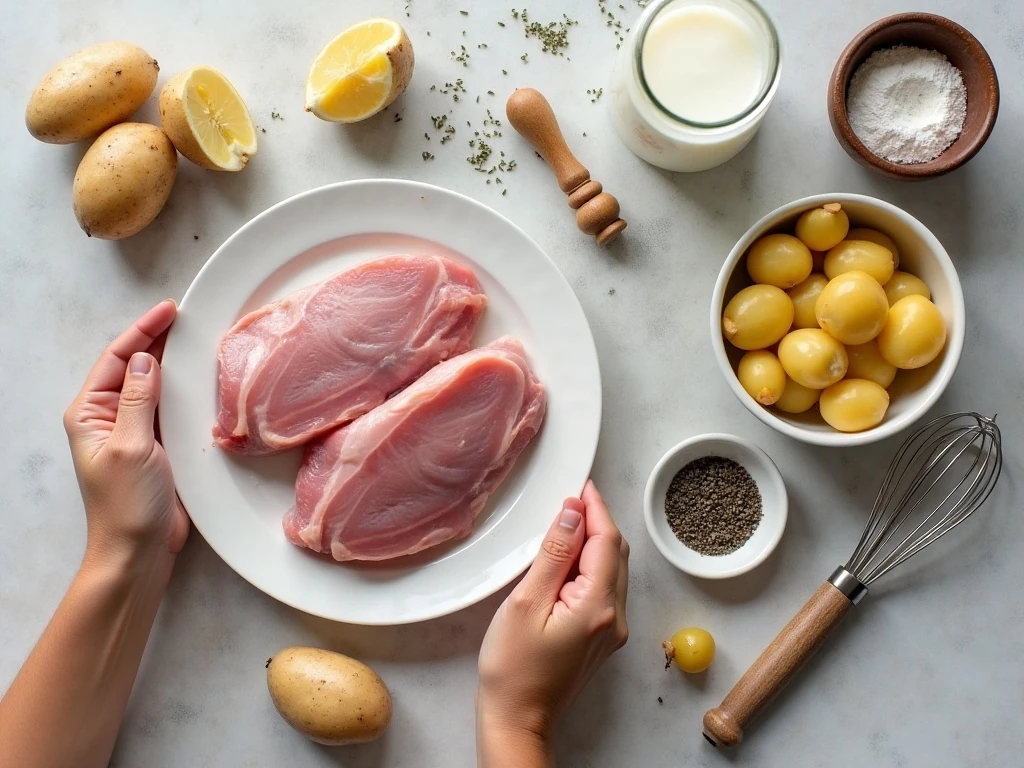 Ingredients for slow cooker creamy ranch pork chops and potatoes
