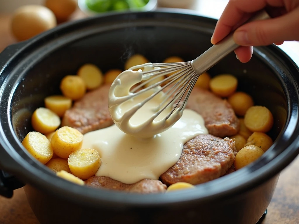 Preparing creamy ranch sauce for pork chops and potatoes