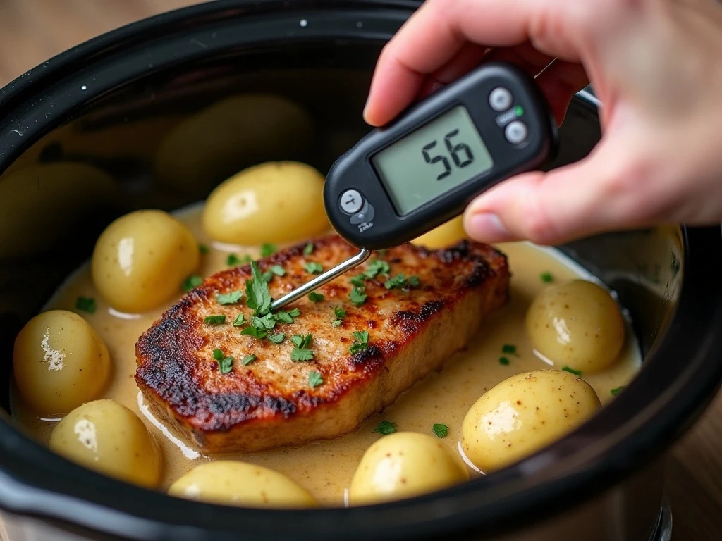Checking pork chop temperature in the slow cooker