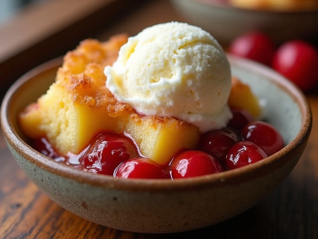 Warm cherry pineapple slow cooker dump cake served with vanilla ice cream