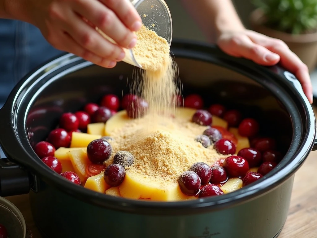 Layering fruit and dry cake mix in a slow cooker