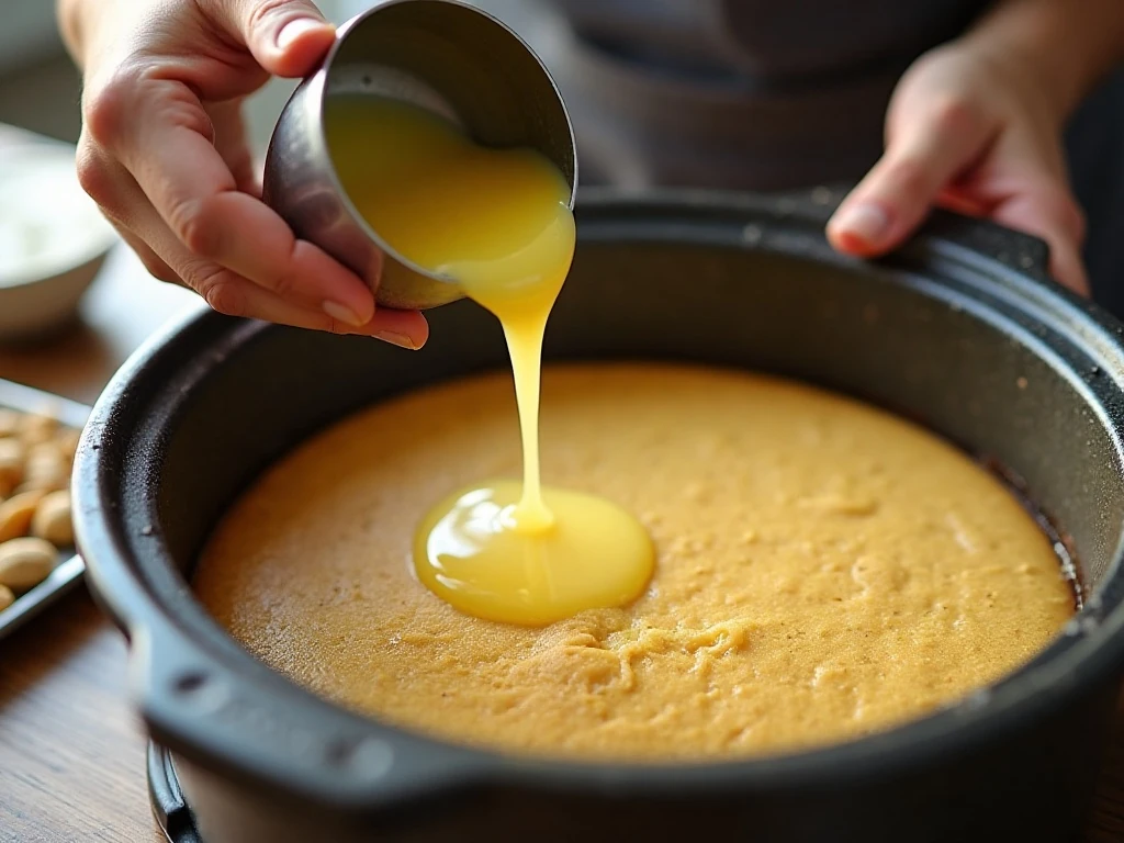 Drizzling melted butter over dump cake mix