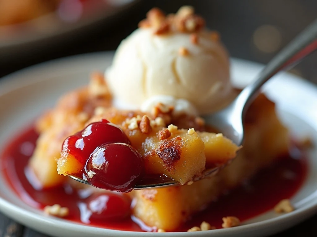 Cherry pineapple dump cake with ice cream and pecans