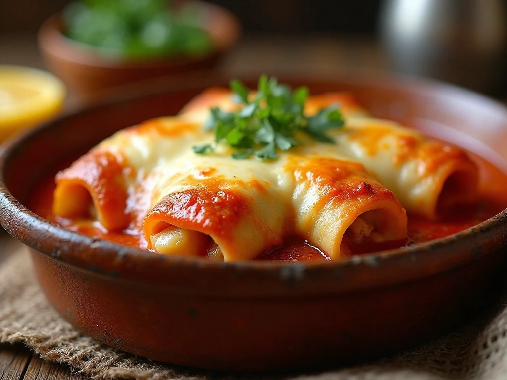 Cheesy slow cooker chicken enchiladas served in a rustic dish