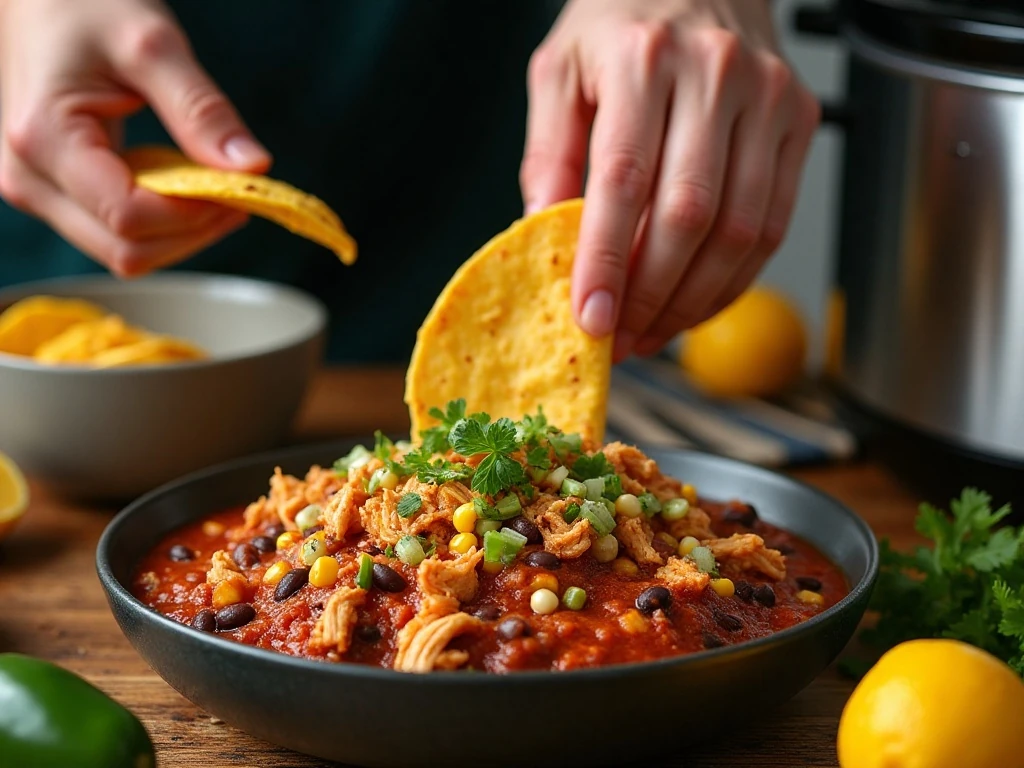 Preparing tortillas and chicken filling for slow cooker enchiladas