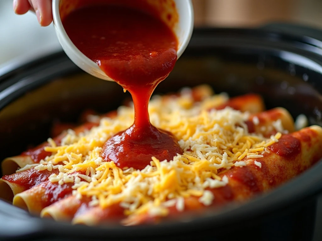 Rolled enchiladas arranged in a slow cooker before cooking