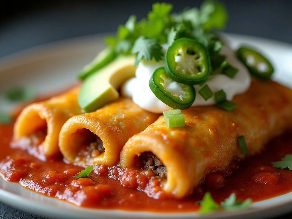 Slow cooker enchilada topped with cilantro, avocado, and jalapeños