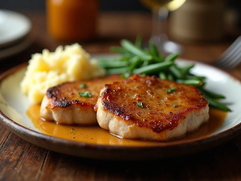 Tender slow cooker French onion pork chops served with gravy, mashed potatoes, and green beans