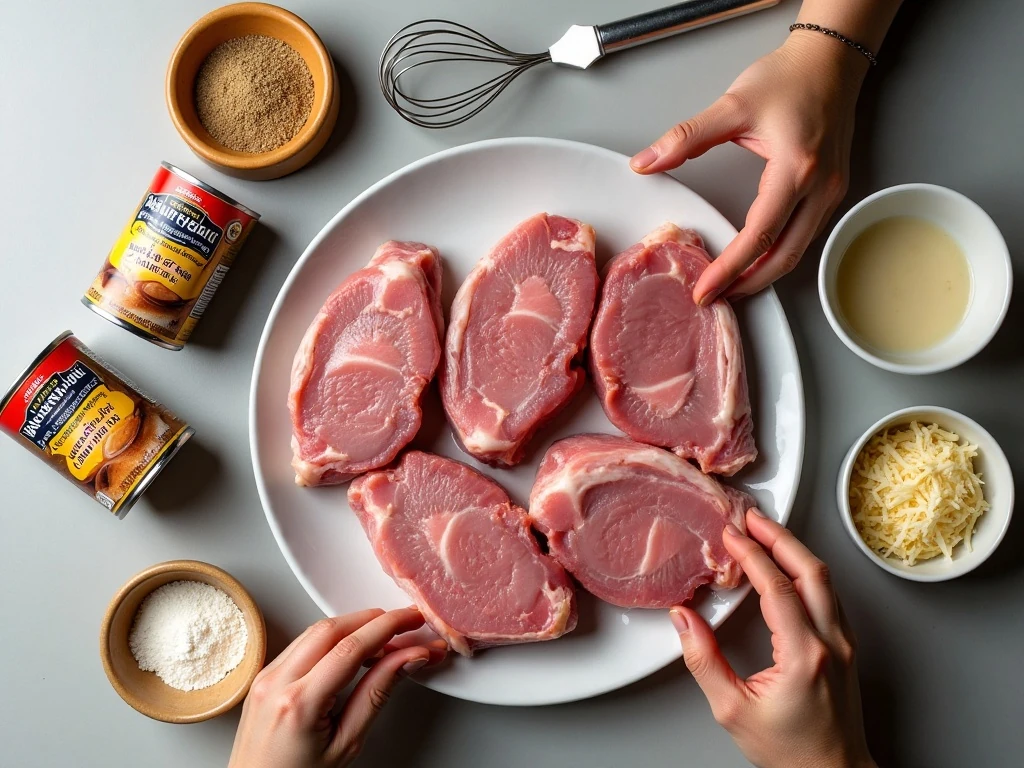 Ingredients for slow cooker French onion pork chops arranged for cooking