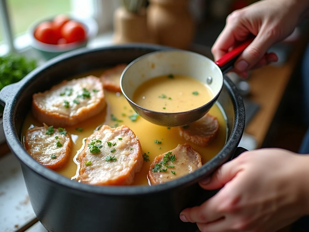 Whisking the creamy French onion sauce for crockpot pork chops