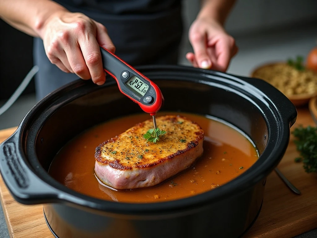 Checking the internal temperature of slow cooker pork chops with a thermometer