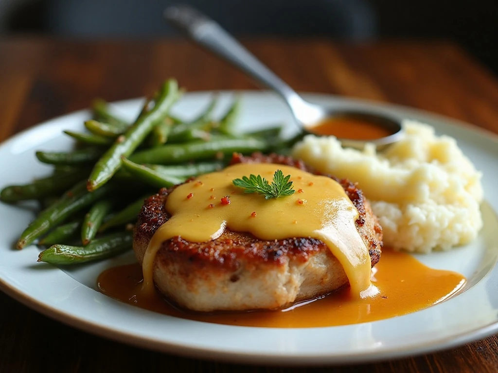 French onion pork chop dinner with mashed potatoes and green beans