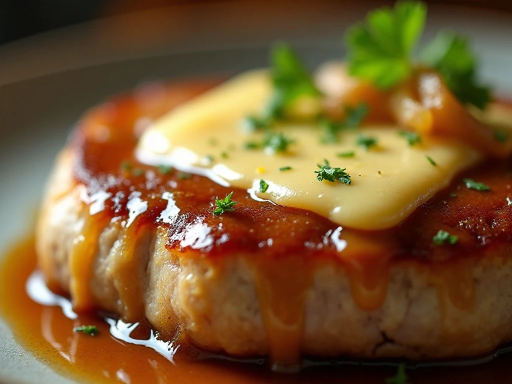 Close-up of cheesy French onion pork chop with onion gravy and parsley