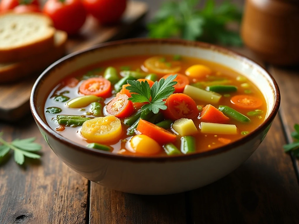 A comforting bowl of slow cooker fresh vegetable soup with colorful vegetables